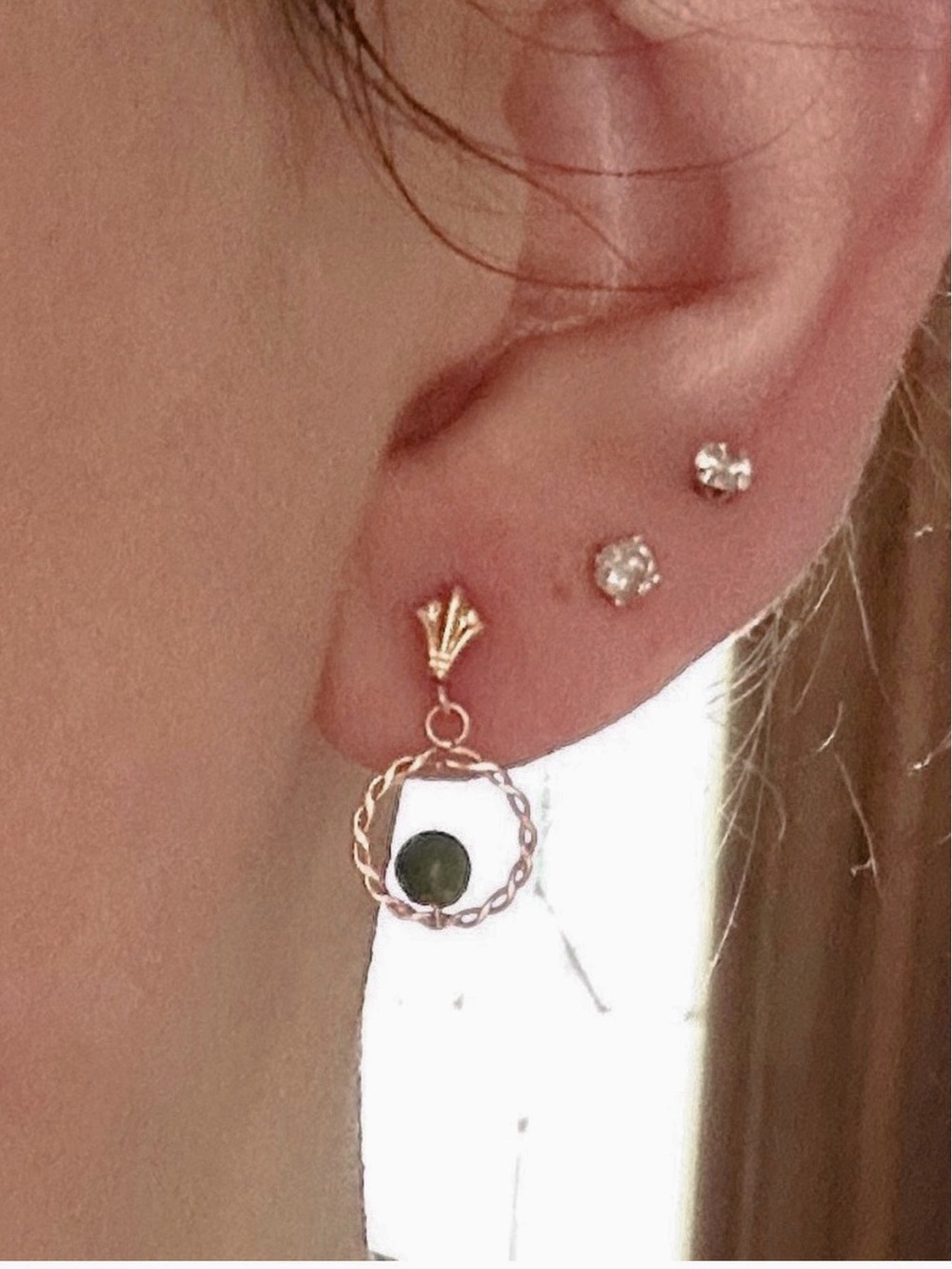 Vintage 14K Gold Twist Drop Earrings with Jade Bead Earrings